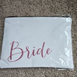 White Bride Make Up Pouch with Pink Glitter Lettering